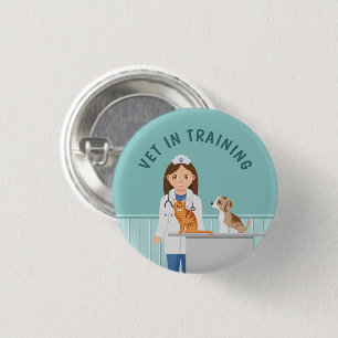 Badge Rond 2,50 Cm Fille de dessin animé vétérinaire et texte Vétérin