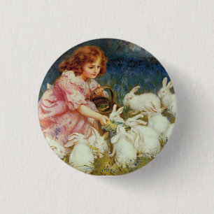Badge Rond 2,50 Cm Fille Vintage Nourrissant des Lapins Blancs Cotta