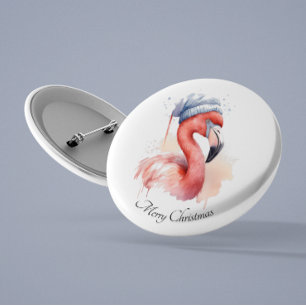 Badge Rond 2,50 Cm Flamant rose père Noël Snowbird, personnalisé