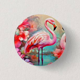 Badge Rond 2,50 Cm Flamants roses roses dans un lac avec fleurs-20231