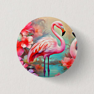 Badge Rond 2,50 Cm Flamants roses roses dans un lac avec fleurs-20231