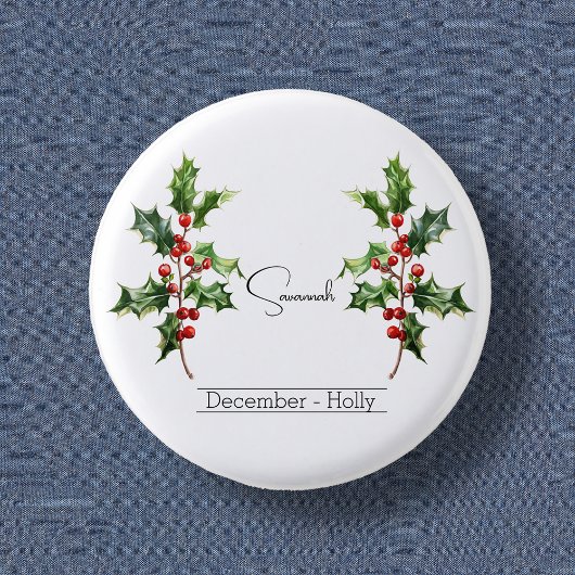 Badge Rond 2,50 Cm Fleur du mois de naissance Décembre Holly