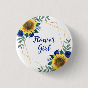 Badge Rond 2,50 Cm Fleur Fille Tournesol Géométrique Bleu Floral