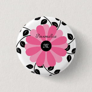 Badge Rond 2,50 Cm Fleur rose et noire décorée d'un monogramme à l
