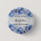 Badge Rond 2,50 Cm Fleurs bleu argenté (Devant)