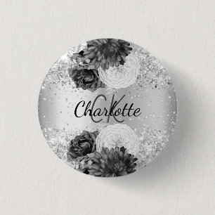 Badge Rond 2,50 Cm Fleurs d'argent élégant nom tag