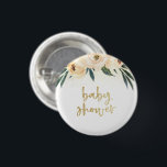 Badge Rond 2,50 Cm Fleurs roses Boho et Baby shower or<br><div class="desc">Un design bohème avec "baby shower" dans un script d'or brossé encadré par des fleurs d'aquarelle rose vif peintes à la main et des confettis d'or. Ce design est idéal pour les douches à thème extérieures ou fleuries.</div>