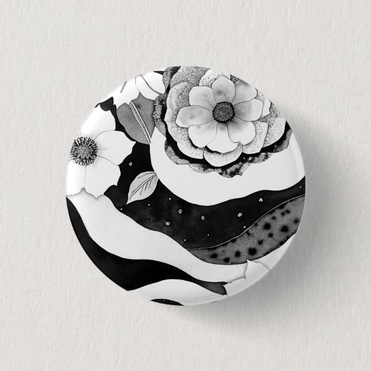 Badge Rond 2,50 Cm Floral élégant en noir et blanc (Devant)