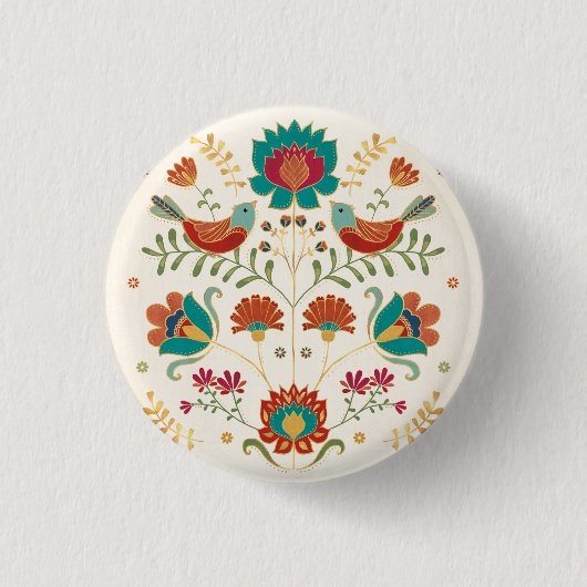 Badge Rond 2,50 Cm Flore Folk Avec Oiseaux (Devant)