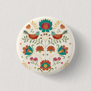 Badge Rond 2,50 Cm Flore Folk Avec Oiseaux