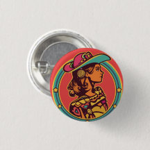 Folkloric Cowgirl Button Pin – Retro Profile Desig