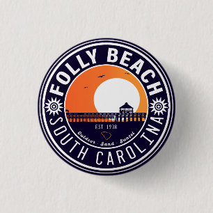 Badge Rond 2,50 Cm Folly Beach SC Souvenirs Retro Sunset Pier 60s