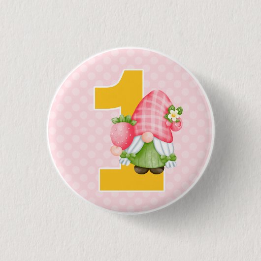 Badge Rond 2,50 Cm Fraise Gnome Garden Baby Girl's 1st Birthday (Devant)