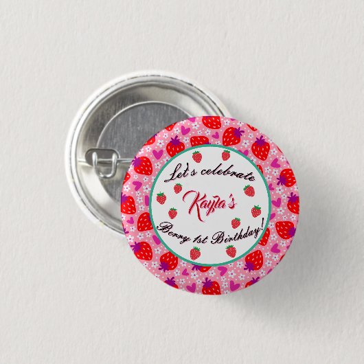 Badge Rond 2,50 Cm Fraise rose douce Premier anniversaire Fille fête (Devant & derrière)