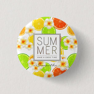 Badge Rond 2,50 Cm Fruits d'été frais et fleurs de Plumeria exotique