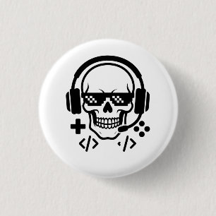 Badge Rond 2,50 Cm Gamer Skull Headset Pixel Glasses   Bold Black Vec