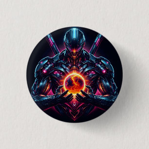 Badge Rond 2,50 Cm Gardien Cosmique Cybernétique Abstrait Robot Futur