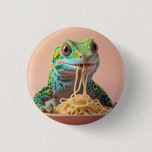 Badge Rond 2,50 Cm Gecko Drôle Manger Spaghetti (Devant)