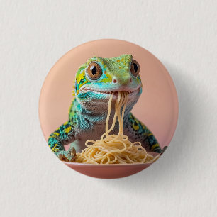 Badge Rond 2,50 Cm Gecko Drôle Manger Spaghetti