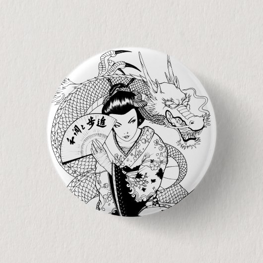Badge Rond 2,50 Cm Geisha avec le dragon de fan (Devant)
