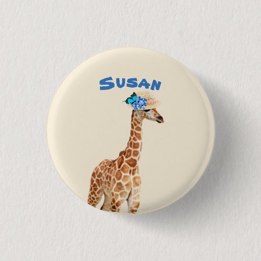 Badge Rond 2,50 Cm Giraffe dans un Casquette avec Bouton Papillon Ble (Devant)
