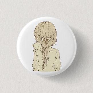 Badge Rond 2,50 Cm Girl with Braid and Cat Illustration – Soft Pastel