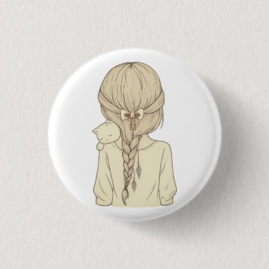 Badge Rond 2,50 Cm Girl with Braid and Cat Illustration – Soft Pastel (Devant)