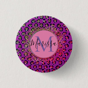 Badge Rond 2,50 Cm Glam Leopard rose et violet Monogramme  