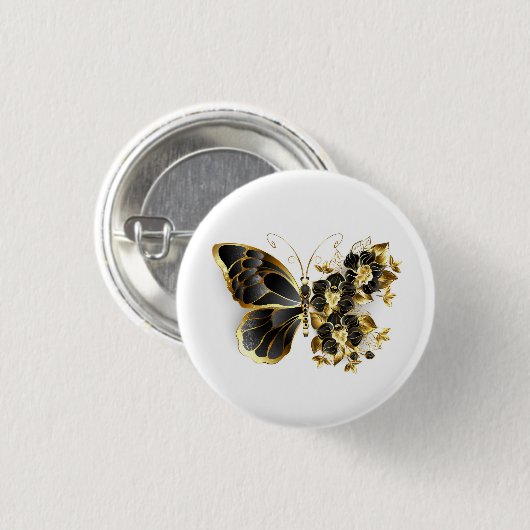 Badge Rond 2,50 Cm Gold flower Butterfly with Black Orchid (Devant & derrière)