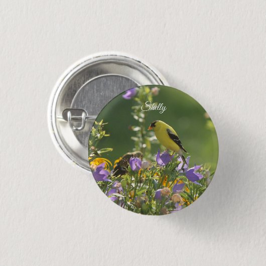 Badge Rond 2,50 Cm Goldfinch sur Harebell Flower (Devant & derrière)