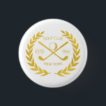 Badge Rond 2,50 Cm Golf Club Gold personnalisé Élégant minimaliste mo<br><div class="desc">Golf club d'or personnalisé élégant, moderne, minimaliste, design chic. Épingle de club de golf personnalisée avec couronne de laurier, deux clubs de golf croisés et balle de golf. Épinglette personnalisée avec votre logo, nom, texte, année, etc. Elégant club de golf d'or bouton pin cadeau personnalisé pour club de golf, golfeur,...</div>