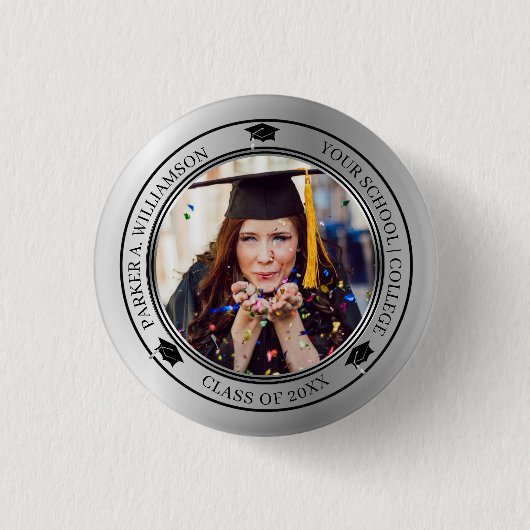 Badge Rond 2,50 Cm Graduation Photo Silver Tone Grad Classe Casquette (Devant)