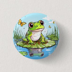 Badge Rond 2,50 Cm Grenouille mûre et papillons sur Lily Pad