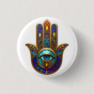 Badge Rond 2,50 Cm Hamsa coloré or Turquoise Saphir Troisième Œil 