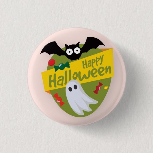 Badge Rond 2,50 Cm Happy Halloween chauve et fantôme | Bouton de broc (Devant)