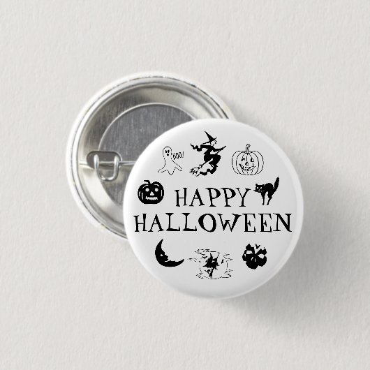 Badge Rond 2,50 Cm Happy Halloween noir blanc costume éffrayant (Devant & derrière)