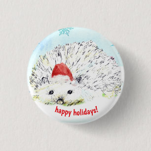Badge Rond 2,50 Cm Happy Holidays Hedgehog Santa Hat Wildlife