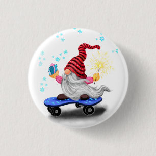 Badge Rond 2,50 Cm Happy Skater Gnome avec cadeaux et bouton Sparkler