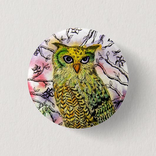 Badge Rond 2,50 Cm Hibou jaune (Devant)