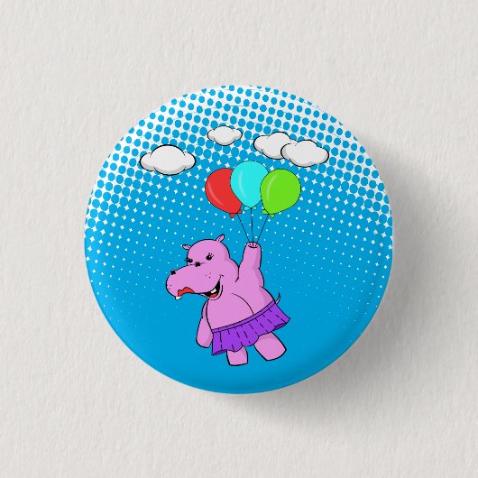 Badge Rond 2,50 Cm Hippo Rose Volant Avec Ballons (Devant)