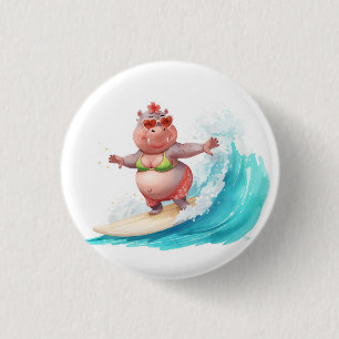 Badge Rond 2,50 Cm Hippopotame en bikini de Noël faisant du surf sur