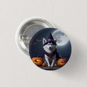 Badge Rond 2,50 Cm Husky Chien Halloween Aventure Lune Magie Éffrayan (Devant & derrière)