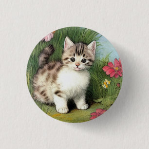 Badge Rond 2,50 Cm Illustration vintage de chat avec Fleurs rouges