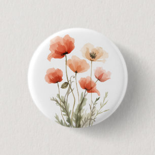 Badge Rond 2,50 Cm Impression florale aquarelle Coquelicots coraux