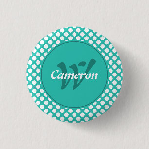 Badge Rond 2,50 Cm Initiale de nom moderne Turquoise Blanc Points Pol