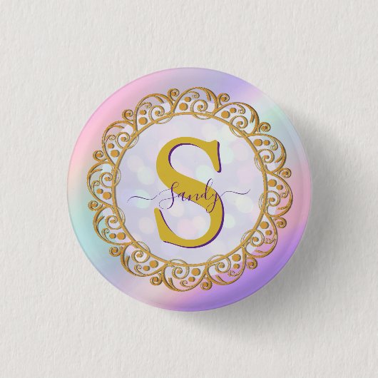 Badge Rond 2,50 Cm Initiale iridescente chic avec volutes dorées (Devant)