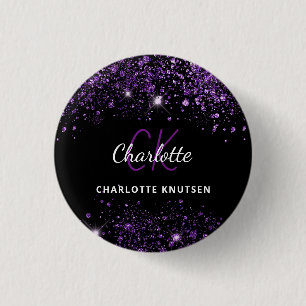 Badge Rond 2,50 Cm Initiales de monogramme à paillettes violettes noi