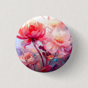 Badge Rond 2,50 Cm Jardin de pivoines en fleurs à l'aquarelle de prin