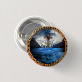 Badge Rond 2,50 Cm Jésus dans l'océan avec une croix boisée (Devant & derrière)