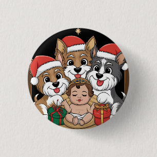 Badge Rond 2,50 Cm Jésus est né avec des yorkshires adorateurs